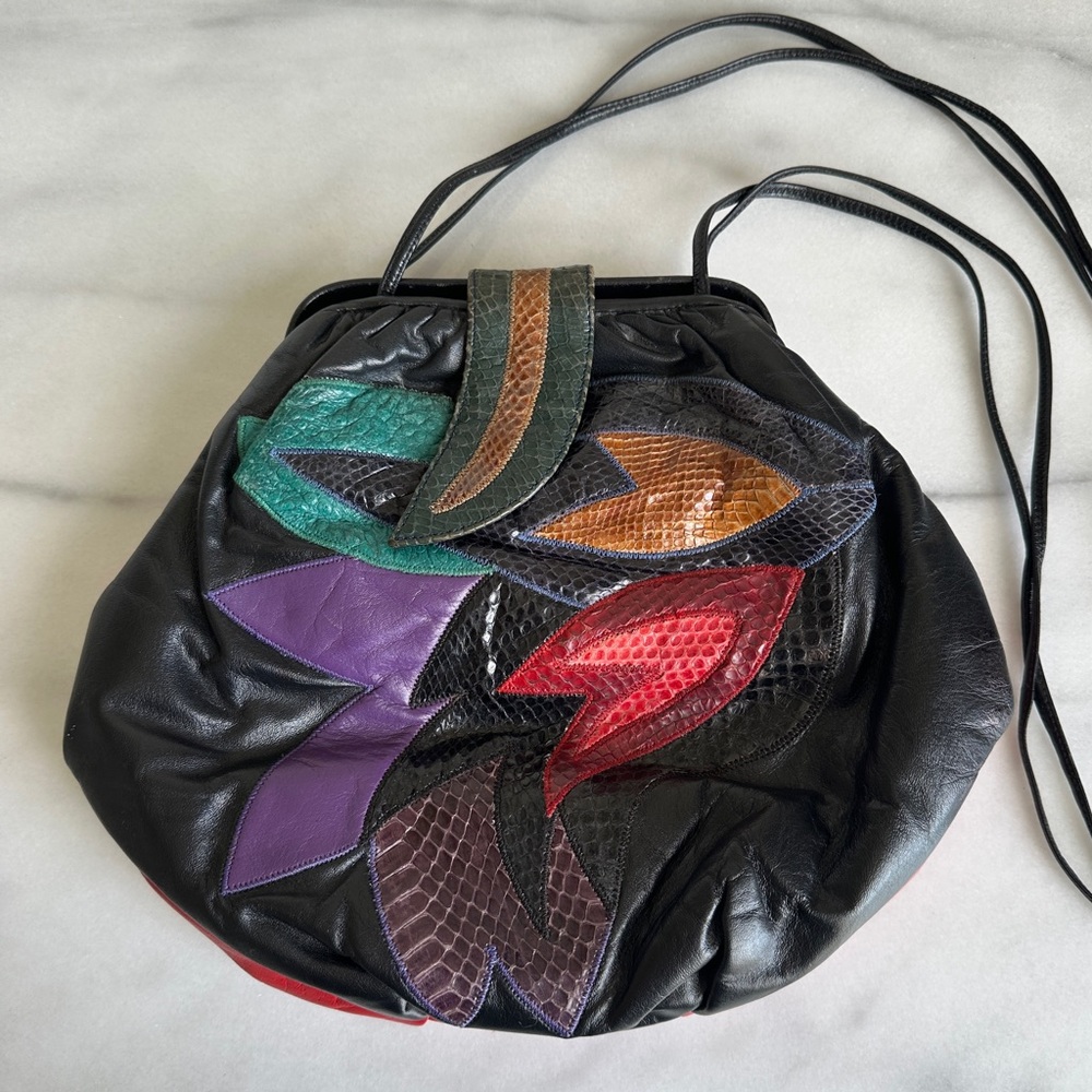 VINTAGE • 80s Jewel Tone Leather Crossbody Bag Punk Bohemian Boho Weird Girl - Picture 4 of 16